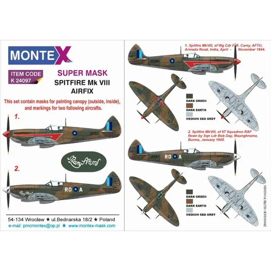 Montex K24097 1/24 Spitfire VIII Masks for Airfix kits - Wg Cdr F. R. Carey, AFTU, 67 Sq RAF