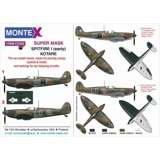 Montex K32383 1/32 Spitfire I Early Canopy Masks and Markings for Kotare kits - Model Planes