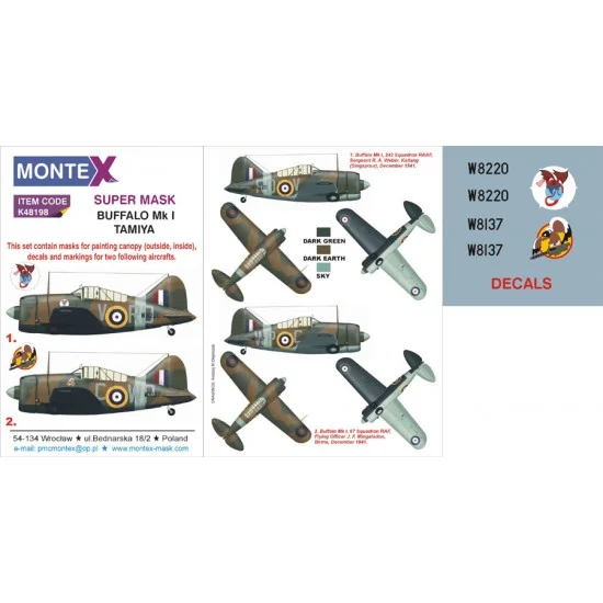 Montex K48198 1/48 Brewster Buffalo MK I Paint Mask for Tamiya (Canopy Masks + Insignia Masks + Decals) - Model Planes