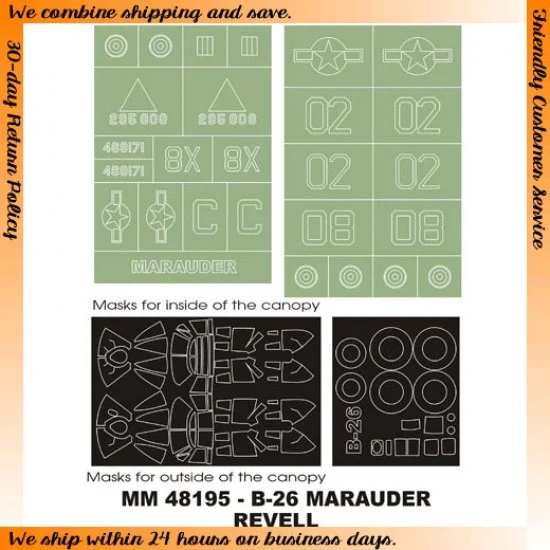 Montex MM48195 1/48 B-26 B/G Marauder Paint Mask for Revell kit (Canopy Masks + Insignia Masks)