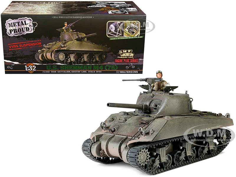 Sherman M4 (75) Medium Tank U.S. "753th Tank Battalion, Gustav Line, Italy" (1944) "Engine Plus" Series 1/32 Diecast Model by Metal Proud - Military Models