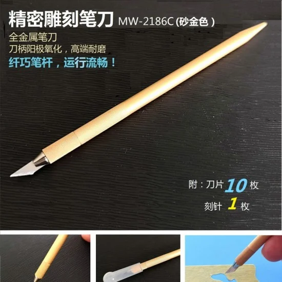 Manwa 2186C Hobby Knife - Holder & Blades (10pcs) & Scriber (gold)