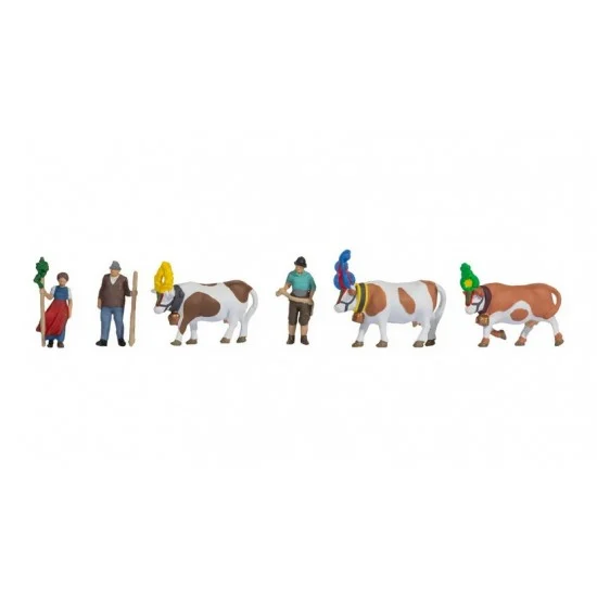NOCH 15720 HO Scale Alpine Cattle Drive (3 coloured figures with 3 cows) - Model Figures