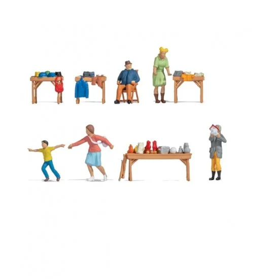 NOCH 16281 HO Scale Themed Figures Set - Flea Market (assembled painted figures with accessories)