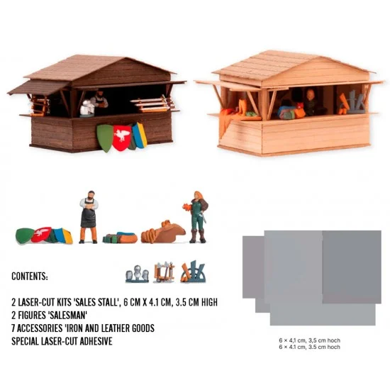 NOCH 65618 HO Scale Themed Set 'Medieval Market' (2 stall kits, 2 figures, 7 accessories, adhesive) - Scenics & Diorama