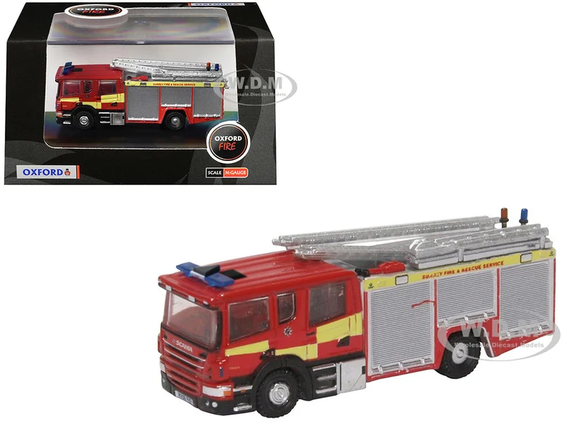 Scania Pump Ladder Fire Engine "Surrey Fire and Rescue" Red with Yellow Stripes 1/148 (N) Scale Diecast Model Car by Oxford Diecast - Fire and Rescue Models