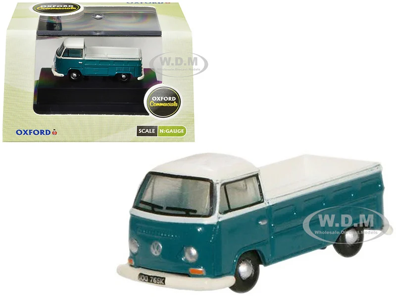 Volkswagen T2 Pickup Truck Emerald Green and Arkona White 1/148 (N) Scale Diecast Model Car by Oxford Diecast - Volkswagen Models
