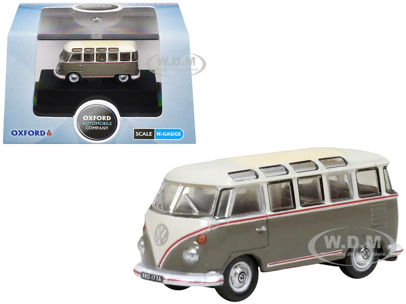 Volkswagen T1 Samba Bus Mouse Grey and Pearl White with Red Stripes 1/148 (N) Scale Diecast Model Car by Oxford Diecast - Bus Models