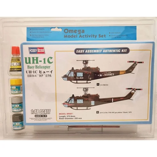 Omega Model 36003 Activity Set - HobbyBoss 1/48 UH-1C Huey Helicopt with GSI Cement and Paints