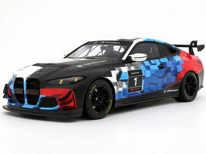 2024 BMW M4 GT4 #1 "M Motorsport Livery" Black and White with Red and Blue Graphics Limited Edition to 999 pieces Worldwide 1/18 Model Car by Otto Mobile - BMW Models