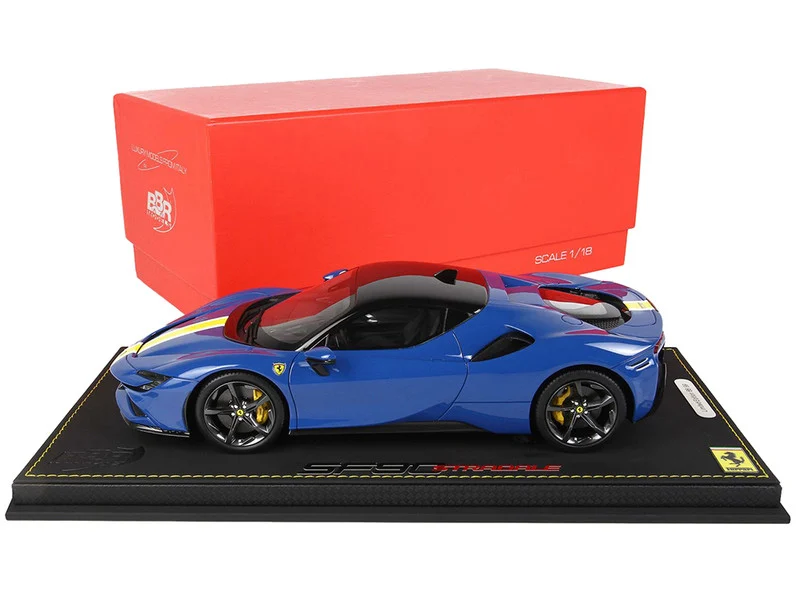 2019 Ferrari SF90 Stradale Azzurro Dino Blue with Yellow and White Stripes with DISPLAY CASE Limited Edition to 99 pieces Worldwide 1/18 Model Car by BBR - Ferrari Models