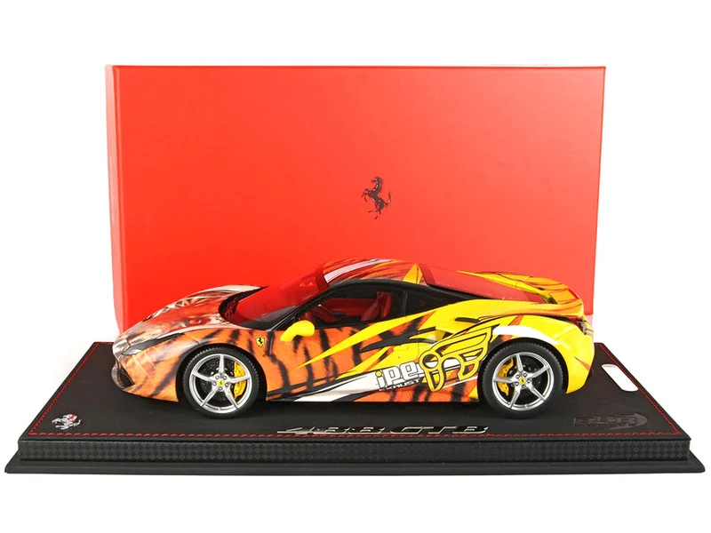 Ferrari 488 GTB "IPE Exhaust" Giallo Modena Yellow with Tiger Graphics with DISPLAY CASE Limited Edition to 100 pieces Worldwide 1/18 Model Car by BBR - Ferrari Models
