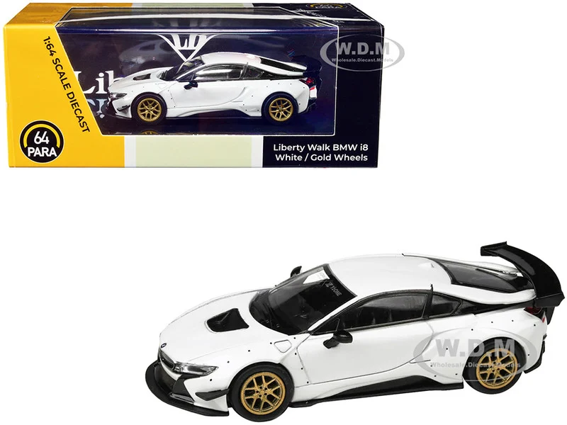 BMW i8 Liberty Walk White with Gold Wheels 1/64 Diecast Model Car by Paragon Models - BMW Models