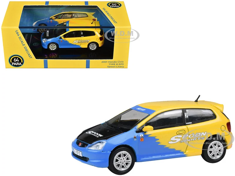 2001 Honda Civic Type R EP3 Blue and Yellow with Black Hood "Spoon Sports" 1/64 Diecast Model Car by Paragon Models - Honda Models