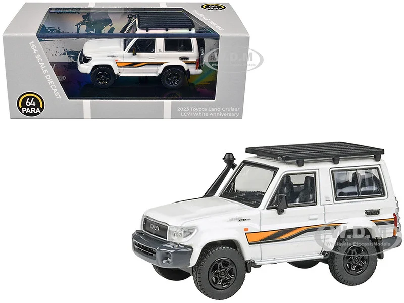 2023 Toyota Land Cruiser 71 White "70th Anniversary" with Stripes and Roofrack 1/64 Diecast Model Car by Paragon Models - Toyota Models
