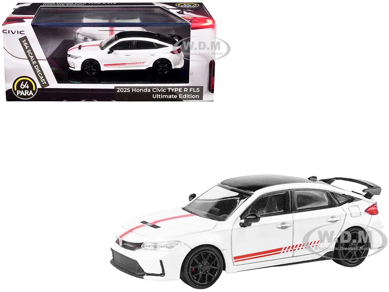 2025 Honda Civic Type R FL5 "Ultimate Edition" White with Red Stripes and Black Top 1/64 Diecast Model Car by Paragon Models - Honda Models
