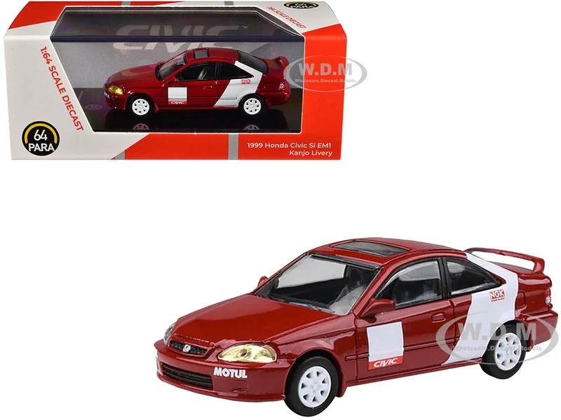 1999 Honda Civic Si EM1 "Kanjo Livery" Red with White Stripes 1/64 Diecast Model Car by Paragon Models - Honda Models