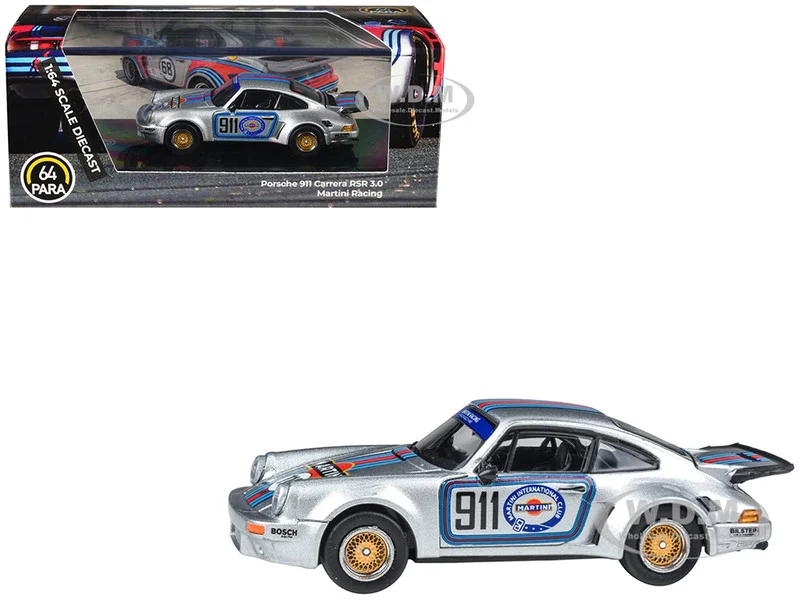 Porsche 911 Carrera RSR 3.0 "Martini Racing" Silver Metallic with Stripes 1/64 Diecast Model Car by Paragon Models - Porsche Models