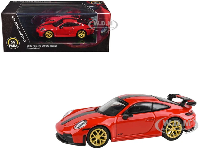 2025 Porsche 911 GT3 (992.2) Guards Red with Carbon Stripe and Gold Wheels 1/64 Diecast Model Car by Paragon Models - Porsche Models