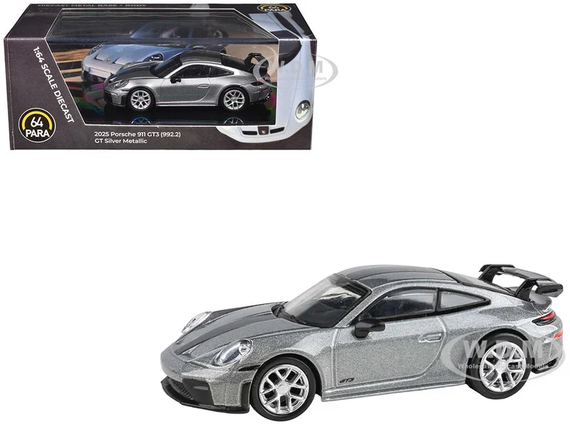 2025 Porsche 911 GT3 (992.2) GT Silver Metallic with Carbon Stripe 1/64 Diecast Model Car by Paragon Models - Porsche Models