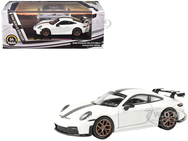 2025 Porsche 911 GT3 (992.2) Grand Prix White with Carbon Stripe 1/64 Diecast Model Car by Paragon Models - Porsche Models