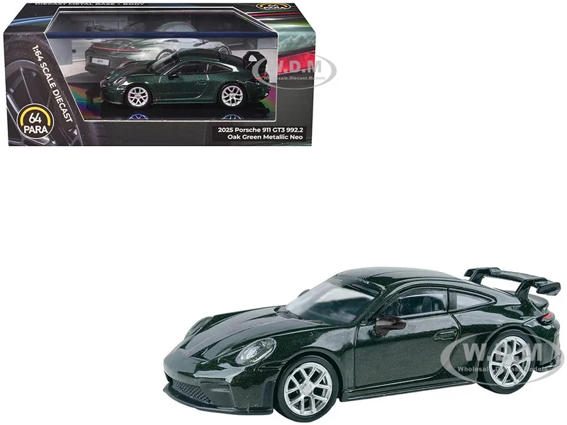 2025 Porsche 911 GT3 (992.2) Oak Green Metallic Neo with Carbon Stripe 1/64 Diecast Model Car by Paragon Models - Porsche Models