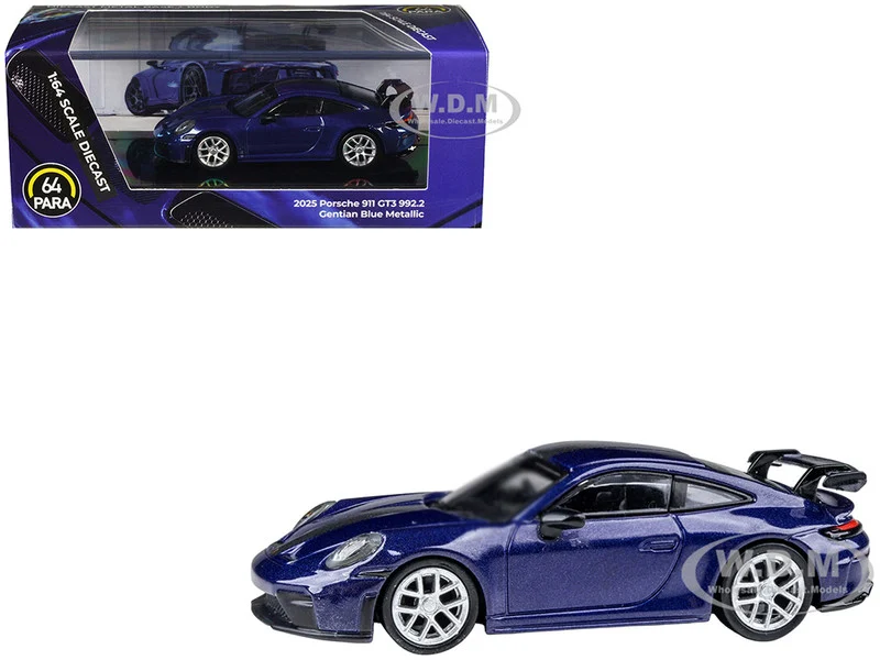 2025 Porsche 911 GT3 (992.2) Gentian Blue Metallic with Carbon Stripe 1/64 Diecast Model Car by Paragon Models - Porsche Models