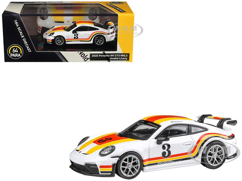 2025 Porsche 911 GT3 (992.2) #3 "Andial Livery" White with Stripes 1/64 Diecast Model Car by Paragon Models - Porsche Models