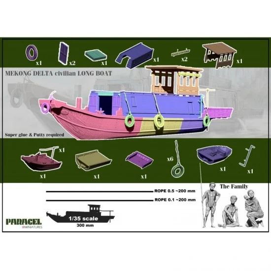 Paracel Miniatures ACC3523 1/35 Mekong Long Boat (30cm) with Figures - Model Ships & Boats