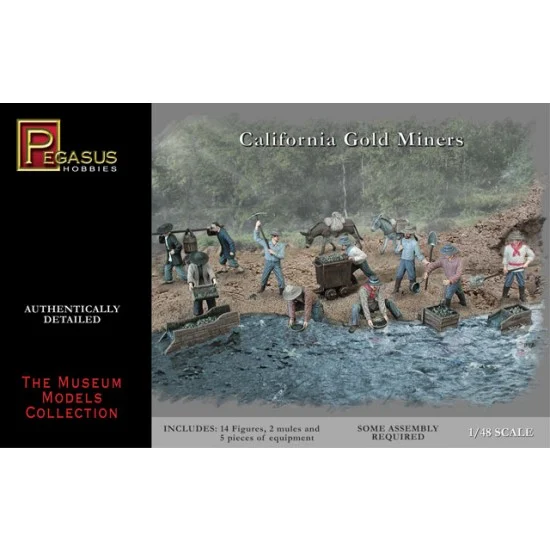 Pegasus Hobbies 7007 1/48 California Gold Miners Set (14 Figures, 2 Mules and 5pcs of Equipment) - Model Figures