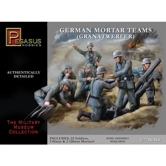 Pegasus Hobbies 7204 1/72 German Mortar Set (23 Soldiers, 3x 81mm Mortars, 2x 120mm Mortars) - Model Figures