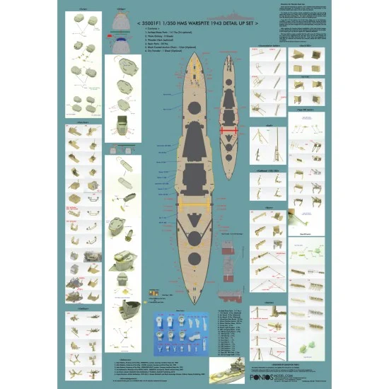 Pontos 35001F1 1/350 HMS Warspite 1943 Detail Up Set for Academy kit - Model Ships & Boats