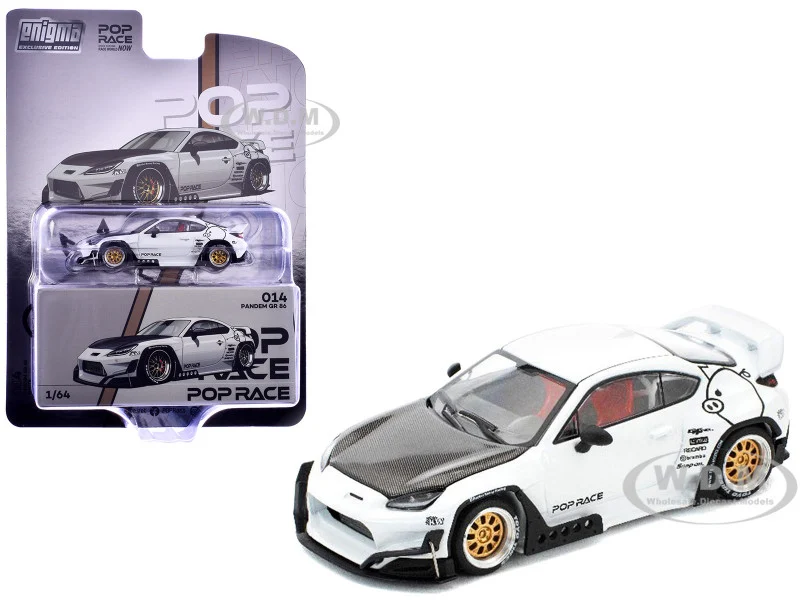 Toyota Pandem GR86 White with Carbon Hood "Enigma Exclusive Edition" 1/64 Diecast Model Car by Pop Race - Toyota Models