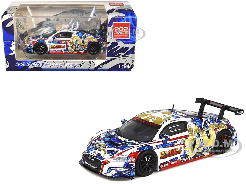Audi R8 LMS "Evisu Racing X Works" White with Graphics 1/64 Diecast Model Car by Pop Race - Audi Models