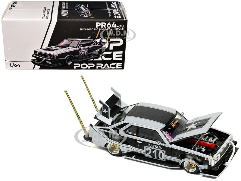 Skyline C210 "Bosozoku Style" RHD (Right Hand Drive) #210 Matt Black and Silver 1/64 Diecast Model Car by Pop Race - Nissan Models