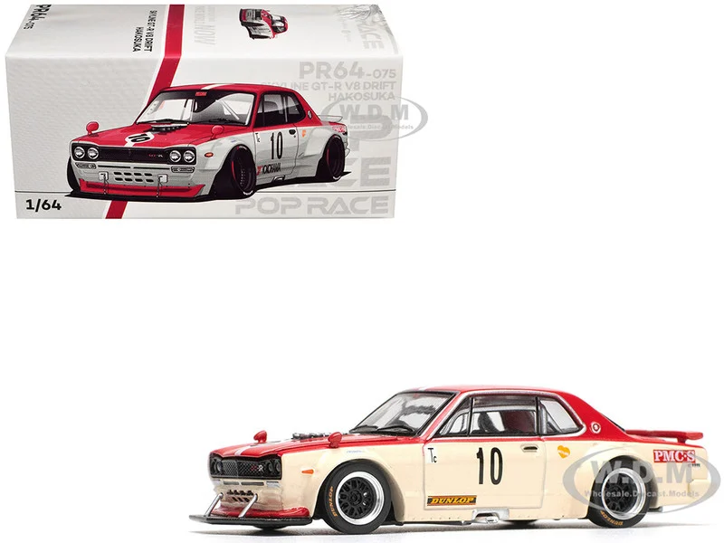 Skyline GT-R V8 Drift "Hakosuka" RHD (Right Hand Drive) #10 "Watanabe" Red and Cream 1/64 Diecast Model Car by Pop Race