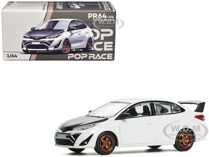 Toyota GR Vios White with Carbon Hood 1/64 Diecast Model Car by Pop Race - Toyota Models