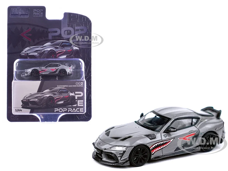 Toyota Supra "DarwinPro 66G NWB" Gray Metallic with Shark Mouth Graphics 1/64 Diecast Model Car by Pop Race - Toyota Models