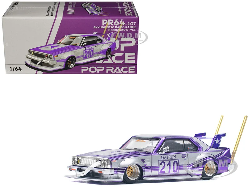 Skyline C210 Kaido Racer "Bosozoku Style" RHD (Right Hand Drive) #210 Purple and Silver 1/64 Diecast Model Car by Pop Race - Nissan Models