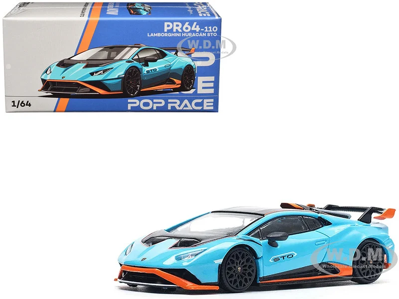 Lamborghini Huracan STO Blue with Black Top and Orange Accents 1/64 Diecast Model Car by Pop Race - Lamborghini Models