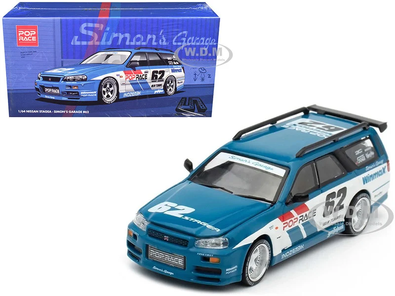 Nissan Stagea RHD (Right Hand Drive) #62 "Simon's Garage" Blue with White Sides 1/64 Diecast Model Car by Pop Race - Nissan Models