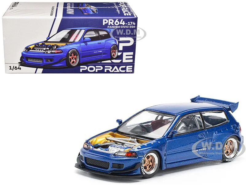 Pandem Civic EG6 VTEC RHD (Right Hand Drive) Blue Metallic with No Hood 1/64 Diecast Model Car by Pop Race - Honda Models