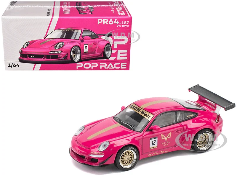 RWB 997 #12 "Hotel Ava" Pink Metallic 1/64 Diecast Model Car by Pop Race - Porsche Models