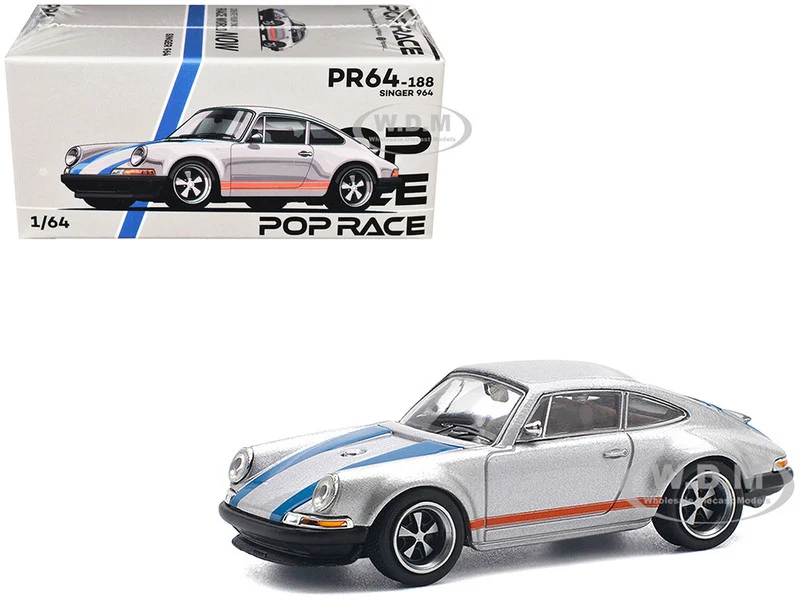 Singer 964 Silver Metallic with Blue and Red Stripes 1/64 Diecast Model Car by Pop Race - Porsche Models