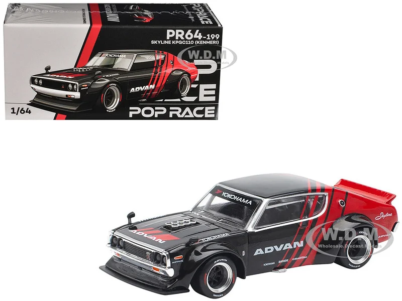 Skyline KPGC110 "Kenmeri" RHD (Right Hand Drive) "ADVAN" Black and Red 1/64 Diecast Model Car by Pop Race - Nissan Models