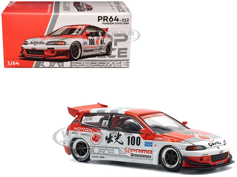 Pandem Civic EG6 V1.5 RHD (Right Hand Drive) #100 "Idemitsu Motion Infinite" White and Red with Graphics 1/64 Diecast Model Car by Pop Race - Honda Models