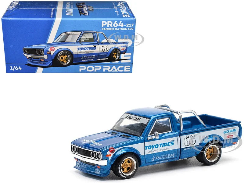 Datsun Pandem 620 Pickup Truck #66 Blue Metallic with White Stripes and Graphics 1/64 Diecast Model Car by Pop Race - Datsun Models