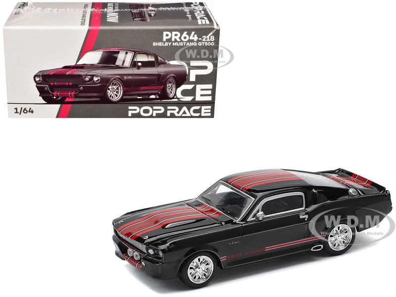 Shelby Mustang GT500 Dark Chrome with Red Stripes 1/64 Diecast Model Car by Pop Race - Shelby Models