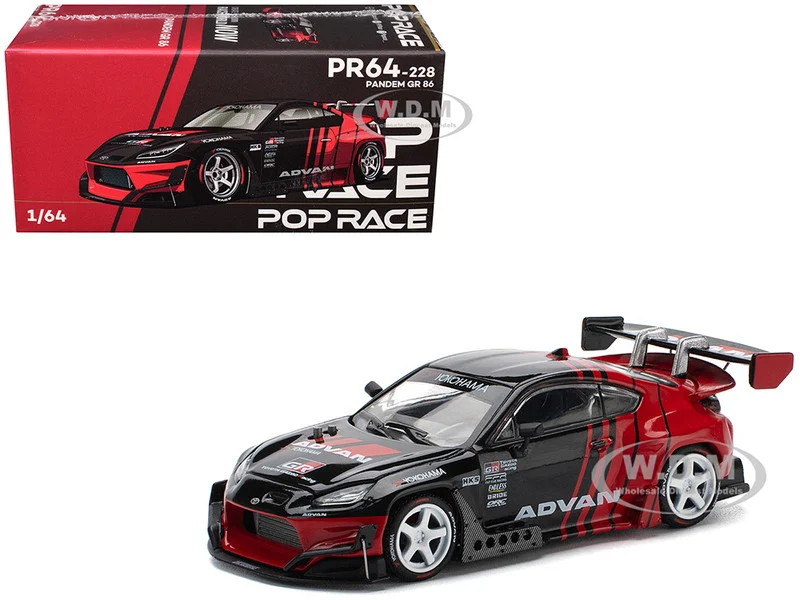 Toyota Pandem GR86 "Advan" Black and Red with Graphics 1/64 Diecast Model Car by Pop Race - Toyota Models
