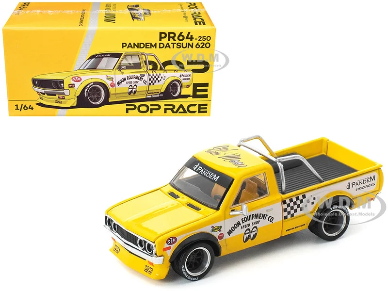 Datsun Pandem 620 Pickup Truck "MoonEyes" Yellow with White Sides and Graphics 1/64 Diecast Model Car by Pop Race - Datsun Models